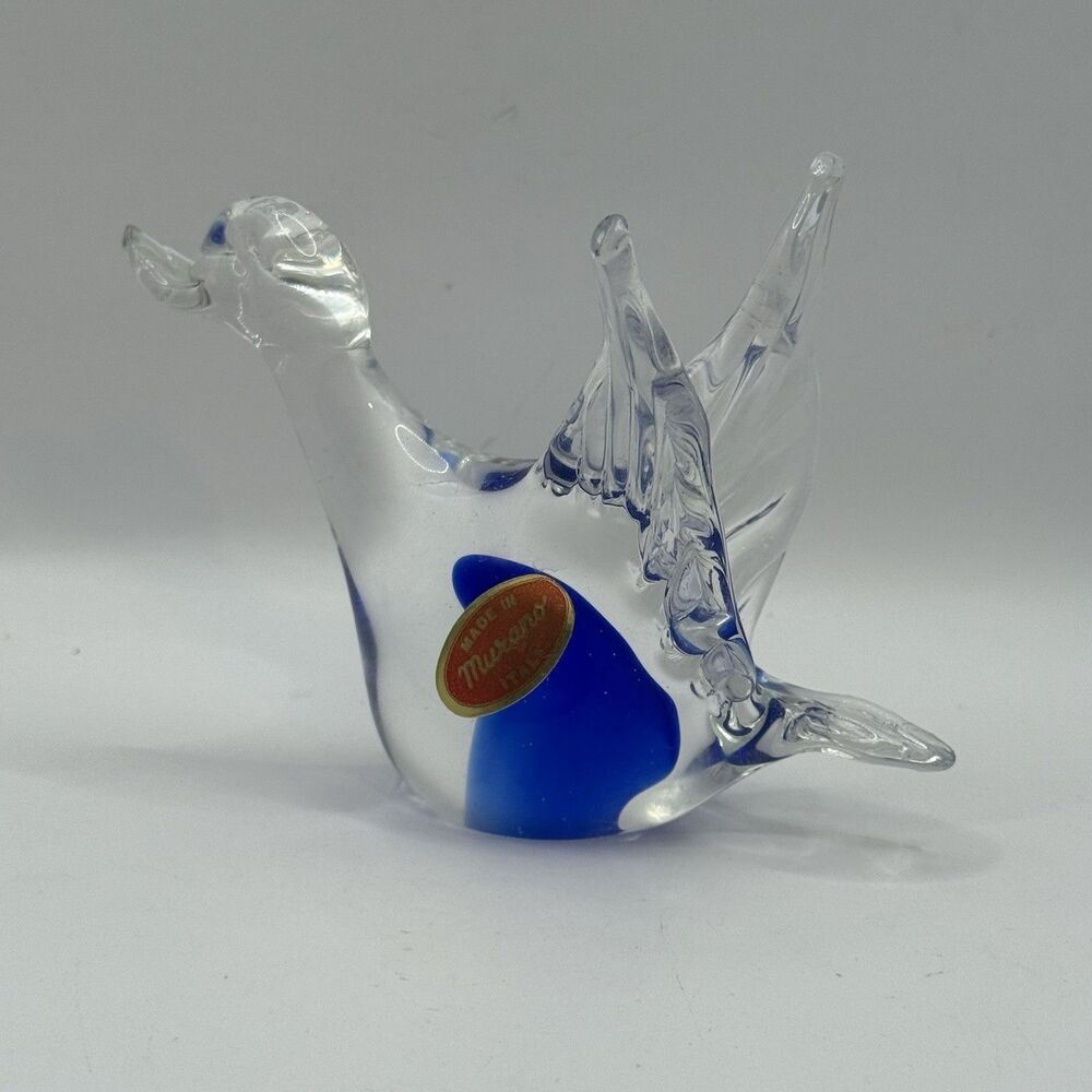 Vintage Murano Hand Blown Art Glass Swan Duck Clear Blue Figurine Sticker
